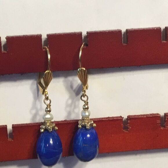 Goldtone and Lapis Leverback Earrings - Picture 1 of 5